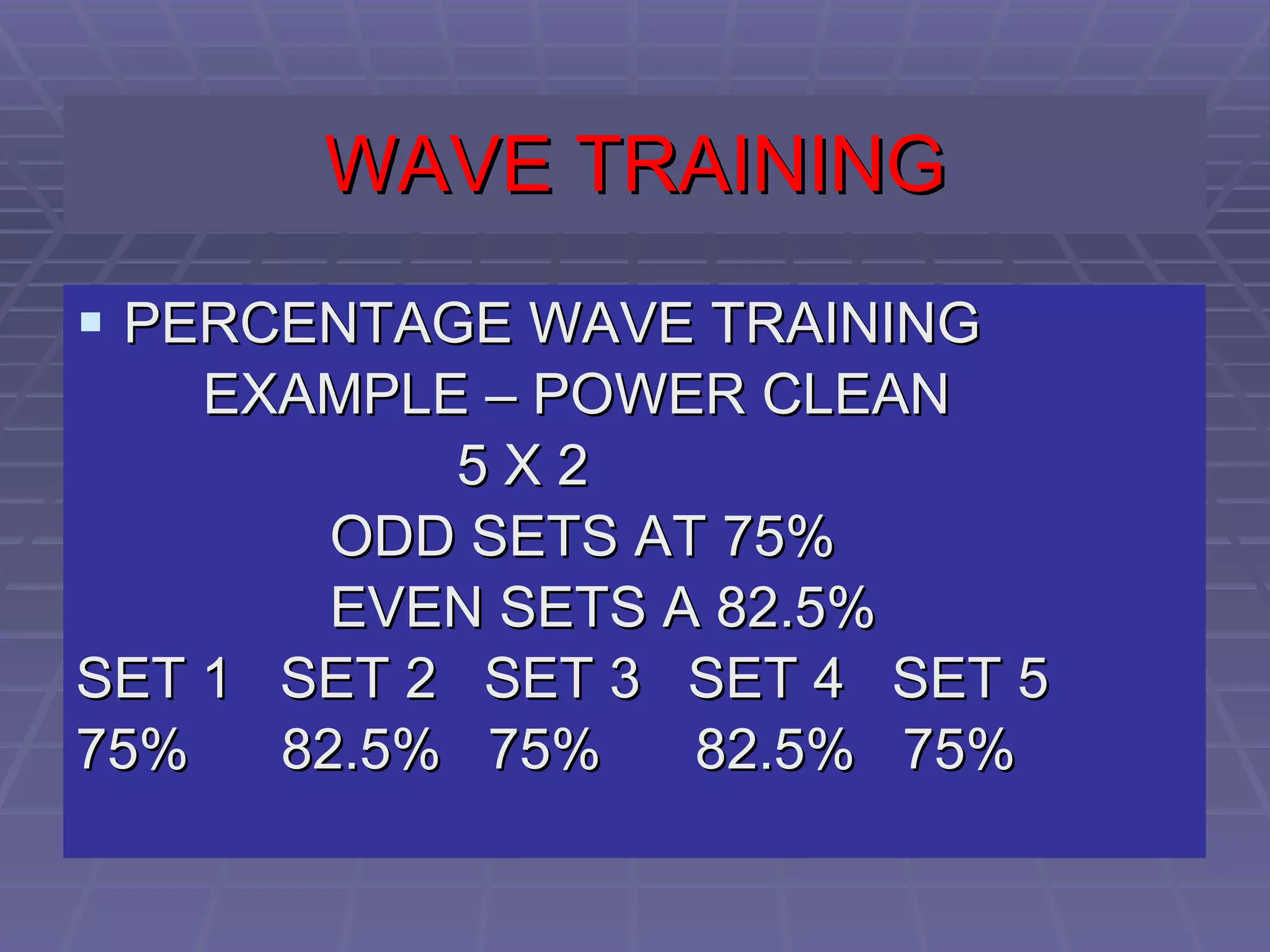 WAVE TRAINING PERCENTAGE WAVE TRAINING EXAMPLE – POWER CLEAN 5 X 2 ODD SETS AT 75% EVEN SETS A 82.5% SET 1  SET 2  SET 3  SET 4  SET 5 75%   82.5%   75%  82.5%  75% 