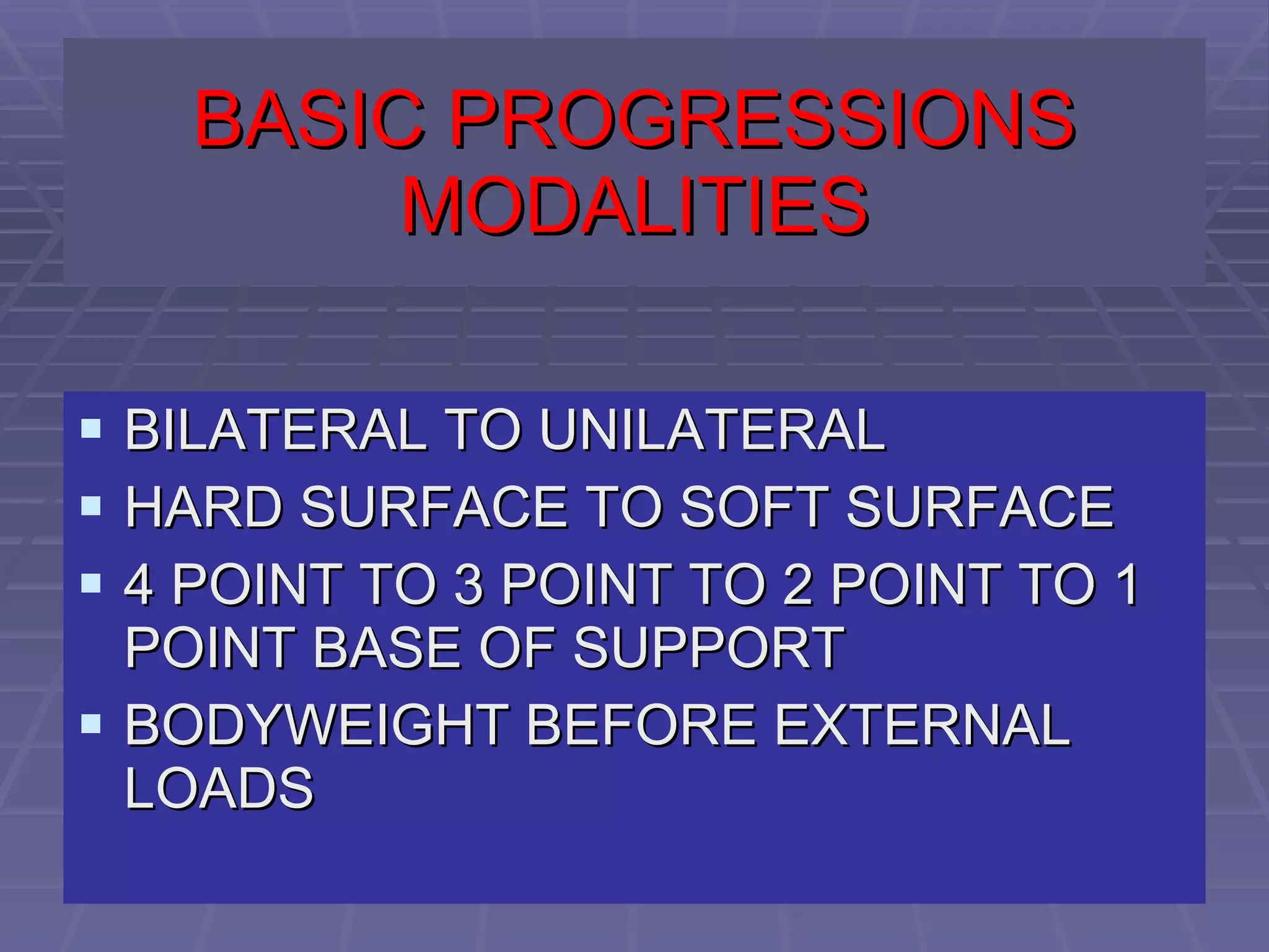 BASIC PROGRESSIONS MODALITIES BILATERAL TO UNILATERAL HARD SURFACE TO SOFT SURFACE 4 POINT TO 3 POINT TO 2 POINT TO 1 POINT BASE OF SUPPORT BODYWEIGHT BEFORE EXTERNAL LOADS 