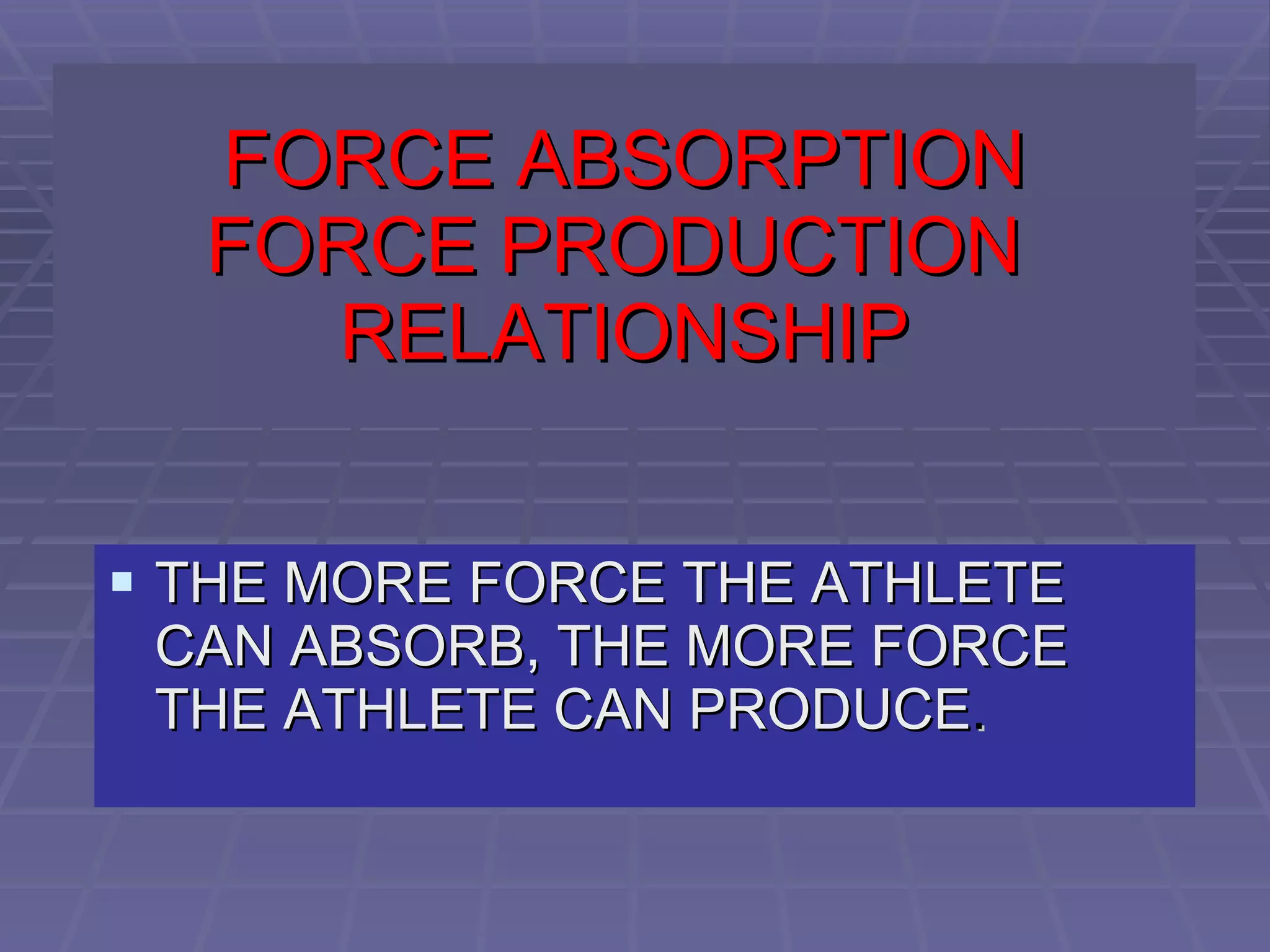 FORCE ABSORPTION FORCE PRODUCTION  RELATIONSHIP THE MORE FORCE THE ATHLETE CAN ABSORB, THE MORE FORCE THE ATHLETE CAN PRODUCE . 