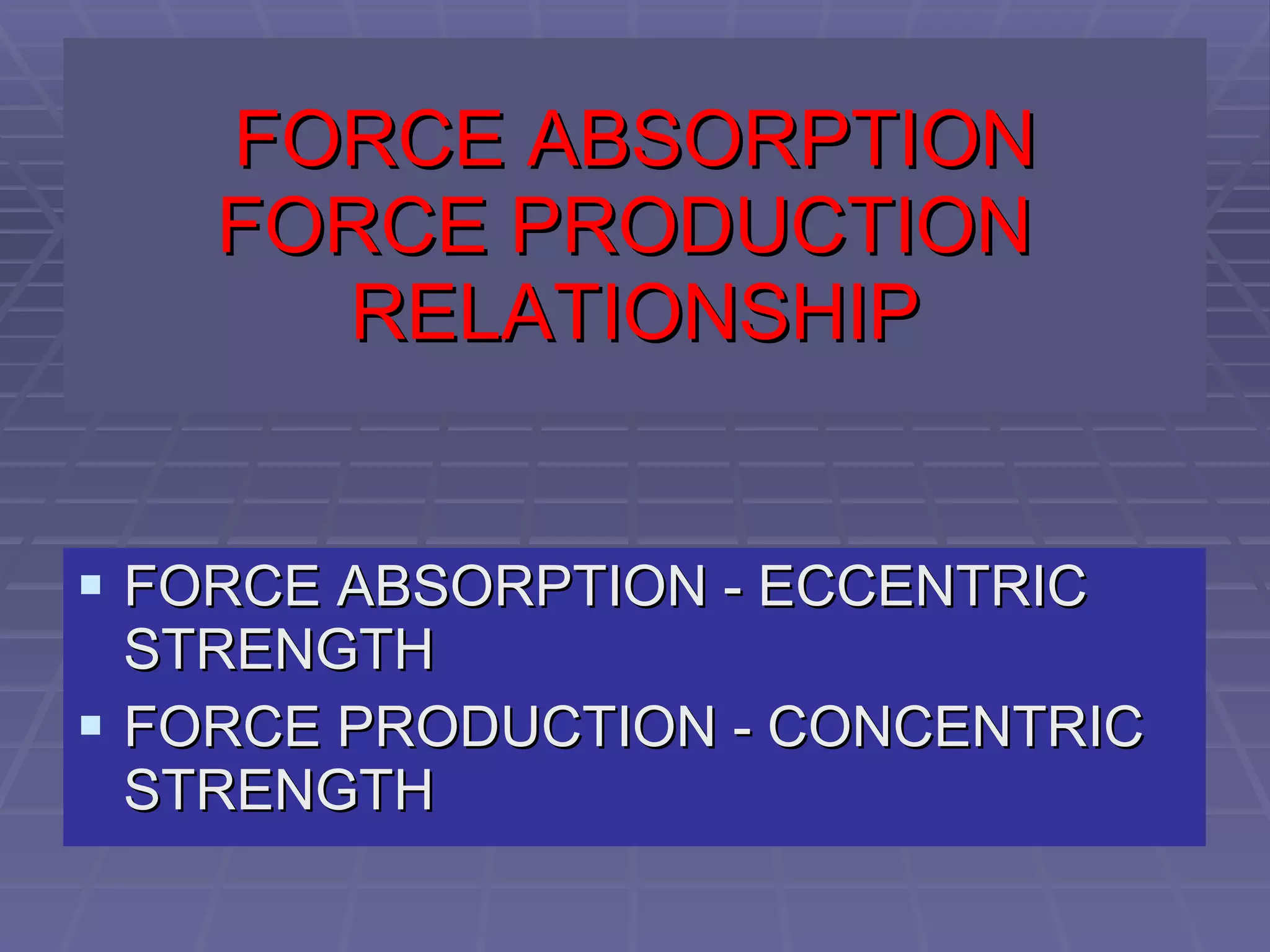 FORCE ABSORPTION FORCE PRODUCTION  RELATIONSHIP FORCE ABSORPTION - ECCENTRIC STRENGTH FORCE PRODUCTION - CONCENTRIC STRENGTH 