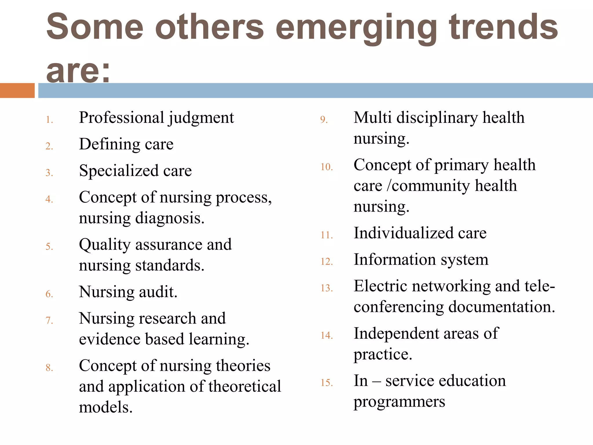Some others emerging trends
are:
1. Professional judgment
2. Defining care
3. Specialized care
4. Concept of nursing process,
nursing diagnosis.
5. Quality assurance and
nursing standards.
6. Nursing audit.
7. Nursing research and
evidence based learning.
8. Concept of nursing theories
and application of theoretical
models.
9. Multi disciplinary health
nursing.
10. Concept of primary health
care /community health
nursing.
11. Individualized care
12. Information system
13. Electric networking and tele-
conferencing documentation.
14. Independent areas of
practice.
15. In – service education
programmers
 