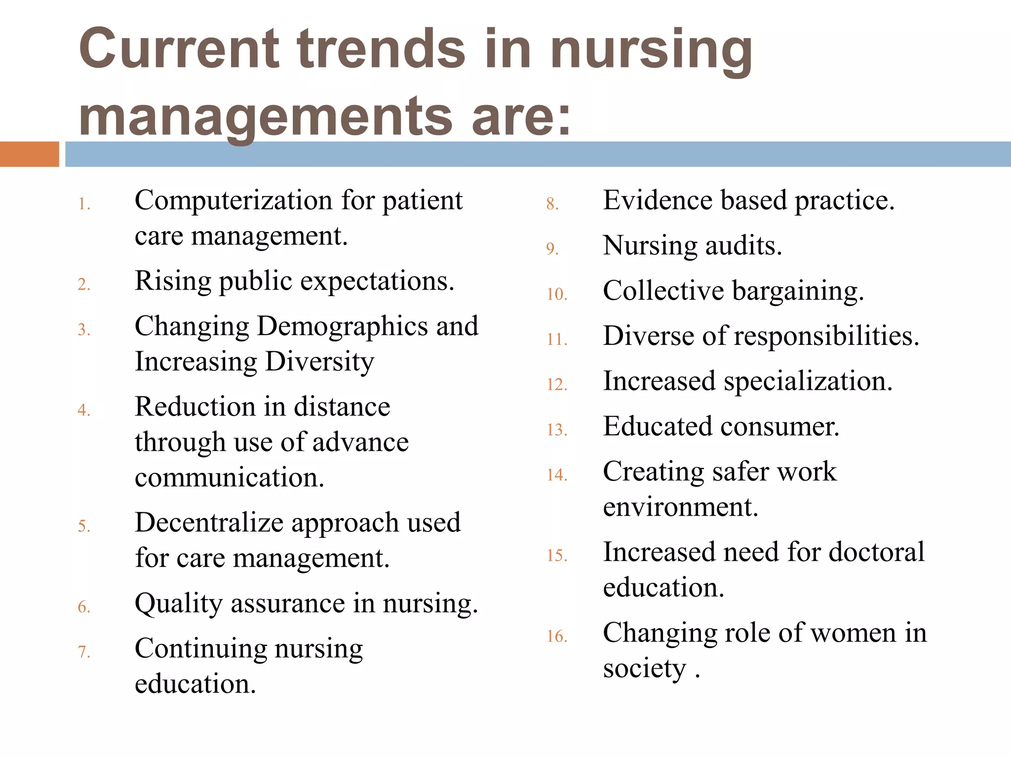 Current trends in nursing
managements are:
1. Computerization for patient
care management.
2. Rising public expectations.
3. Changing Demographics and
Increasing Diversity
4. Reduction in distance
through use of advance
communication.
5. Decentralize approach used
for care management.
6. Quality assurance in nursing.
7. Continuing nursing
education.
8. Evidence based practice.
9. Nursing audits.
10. Collective bargaining.
11. Diverse of responsibilities.
12. Increased specialization.
13. Educated consumer.
14. Creating safer work
environment.
15. Increased need for doctoral
education.
16. Changing role of women in
society .
 