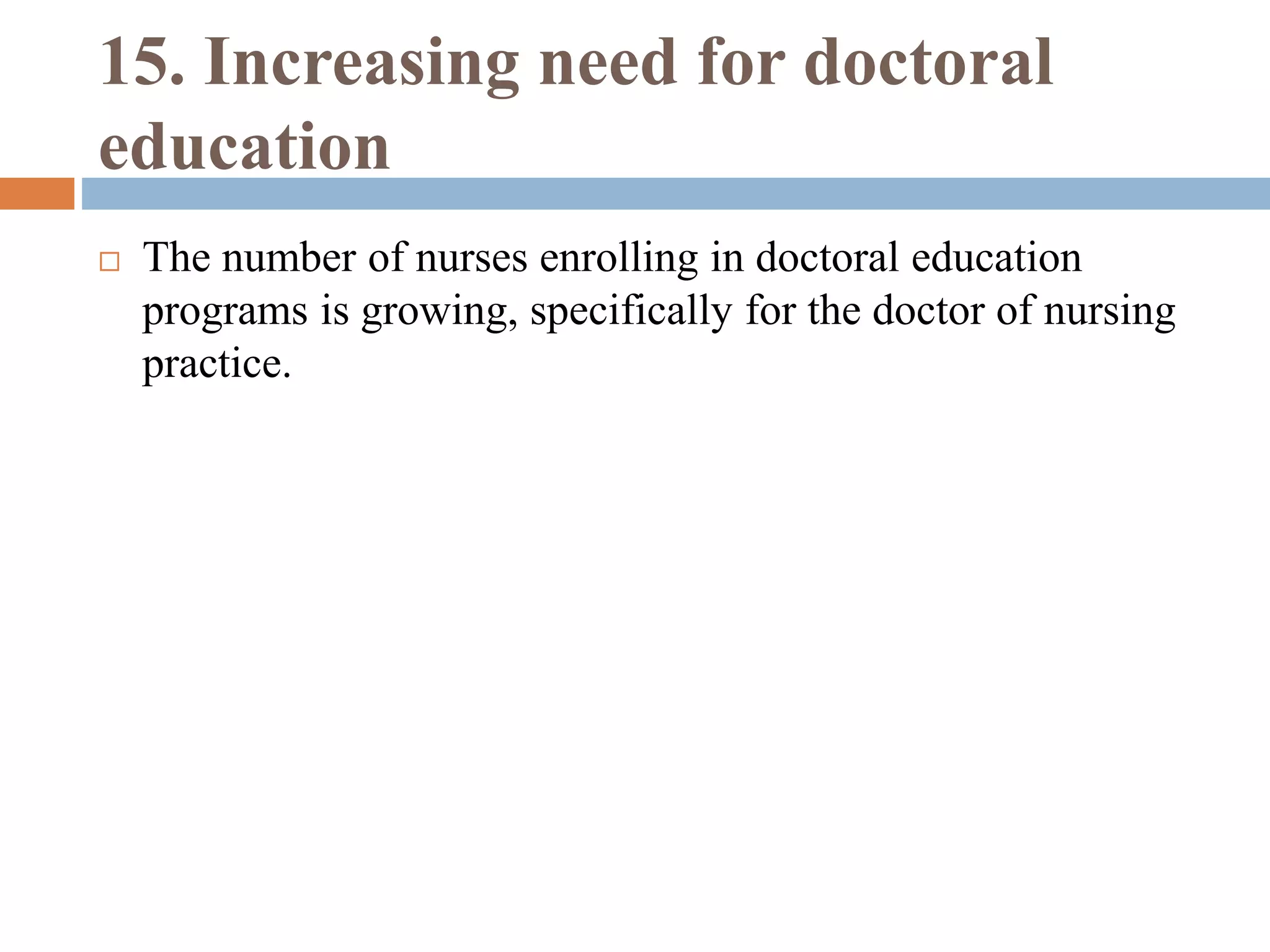 15. Increasing need for doctoral
education
 The number of nurses enrolling in doctoral education
programs is growing, specifically for the doctor of nursing
practice.
 