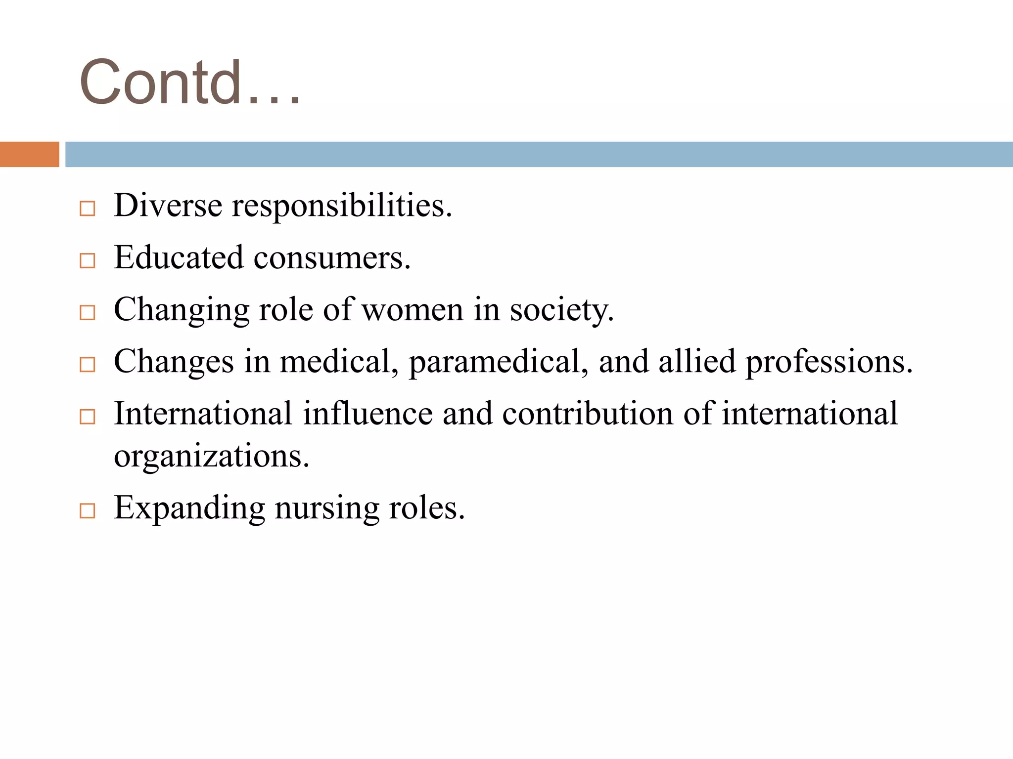 Contd…
 Diverse responsibilities.
 Educated consumers.
 Changing role of women in society.
 Changes in medical, paramedical, and allied professions.
 International influence and contribution of international
organizations.
 Expanding nursing roles.
 