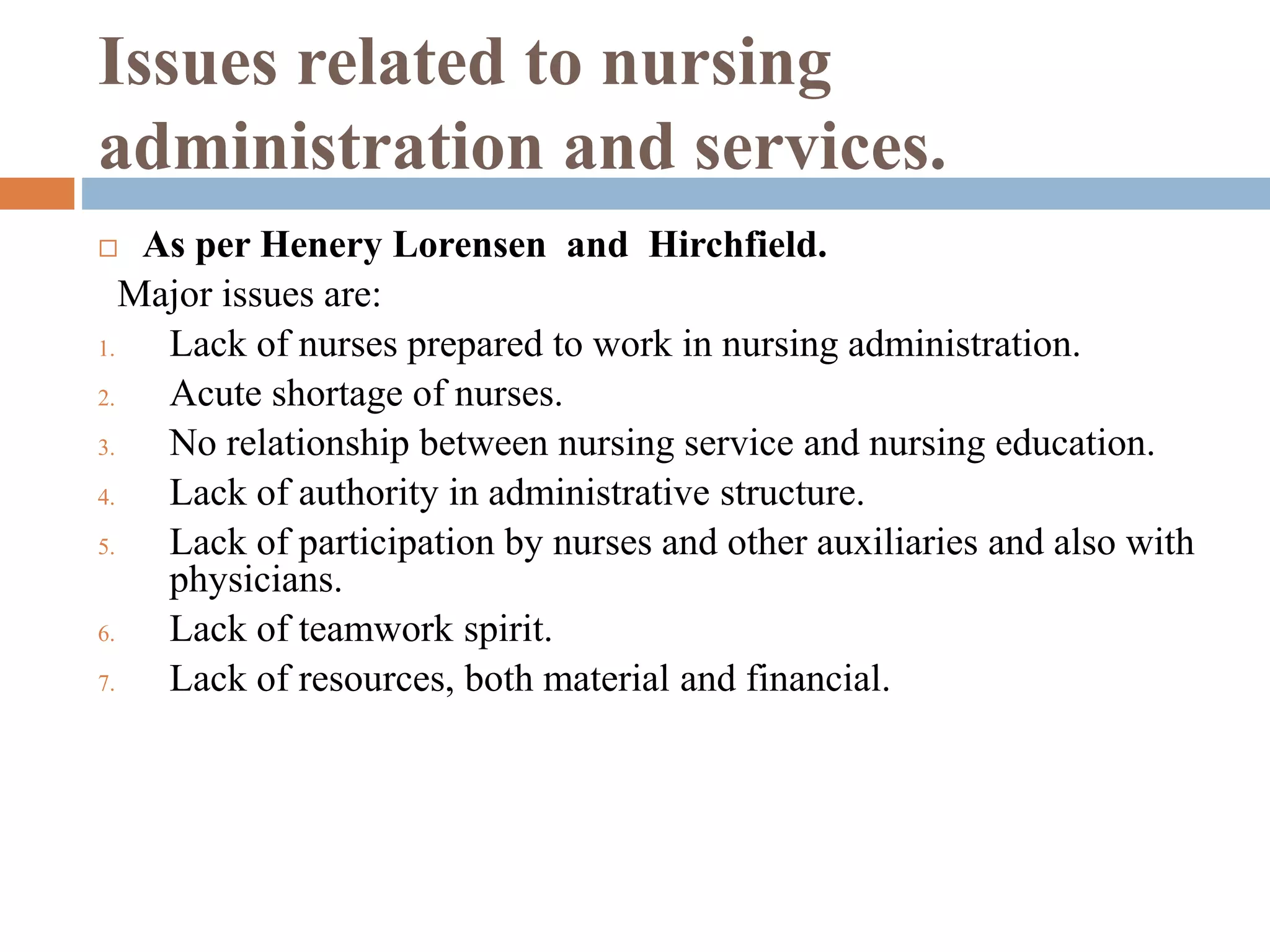 Issues related to nursing
administration and services.
 As per Henery Lorensen and Hirchfield.
Major issues are:
1. Lack of nurses prepared to work in nursing administration.
2. Acute shortage of nurses.
3. No relationship between nursing service and nursing education.
4. Lack of authority in administrative structure.
5. Lack of participation by nurses and other auxiliaries and also with
physicians.
6. Lack of teamwork spirit.
7. Lack of resources, both material and financial.
 