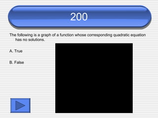 200 The following is a graph of a function whose corresponding quadratic equation has no solutions. A. True B. False 