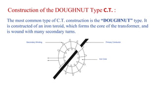 Construction of the DOUGHNUT Type C.T. :
The most common type of C.T. construction is the “DOUGHNUT” type. It
is constructed of an iron toroid, which forms the core of the transformer, and
is wound with many secondary turns.
Secondary Winding Primary Conductor
Iron Core
 
