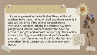 It can be gleaned in the table that 40 out of the 46
teachers have been trained on LMS and there are only 6
who will be rained if the school pursued online
instruction. Whereas, among the learners, 462 have
gadgets and internet connection but 912, have no
access to gadgets and internet connectivity. Thus, online
distance learning as modality for all can’t be really
pursued. It can’t be one shoe fits all for the learners
given their family background and socio-economic
status.
 