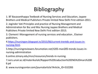 Bibliography
1. BT Basavanthappa Textbook of Nursing Services and Education, Jaypee
Brothers and Medical Publishers Private limited New Delhi First edition-2011.
2. Joginder Vati Principles and practice of Nursing Management and
Administration for Bsc and Msc Nursing Jaypee Brothers and Medical
Publishers Private limited New Delhi First edition-2013.
3. Clement I Management of nursing services and education , Elseiver
publishers.
4.https://nursingon.blogspot.in/2015/06/current-trentds-and-issues-in-
nursing.html.
5.http://nursingreviewers.forumotion.net/t205-man205-trends-issues-in-
nursing-administration
6.online.stmary.edu/msn/resources/trends-in-nursing.
7.ners.unair.ac.id/materikuliah/Rapport%20traduction%20ENG%20mars%200
6.pd
8. www.nursingcenter.com/journalarticle?Article_ID=532283
 