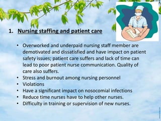 1. Nursing staffing and patient care
• Overworked and underpaid nursing staff member are
demotivated and dissatisfied and have impact on patient
safety issues; patient care suffers and lack of time can
lead to poor patient nurse communication. Quality of
care also suffers.
• Stress and burnout among nursing personnel
• Violations
• Have a significant impact on nosocomial infections
• Reduce time nurses have to help other nurses.
• Difficulty in training or supervision of new nurses.
 