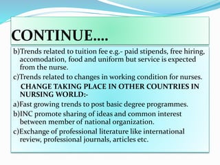 CONTINUE….
b)Trends related to tuition fee e.g.- paid stipends, free hiring,
accomodation, food and uniform but service is expected
from the nurse.
c)Trends related to changes in working condition for nurses.
CHANGE TAKING PLACE IN OTHER COUNTRIES IN
NURSING WORLD:-
a)Fast growing trends to post basic degree programmes.
b)INC promote sharing of ideas and common interest
between member of national organization.
c)Exchange of professional literature like international
review, professional journals, articles etc.
 