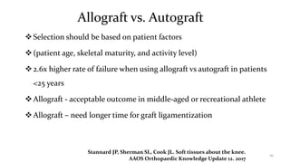 Allograft vs. Autograft
Selection should be based on patient factors
(patient age, skeletal maturity, and activity level)
2.6x higher rate of failure when using allograft vs autograft in patients
<25 years
Allograft - acceptable outcome in middle-aged or recreational athlete
Allograft – need longer time for graft ligamentization
30
Stannard JP, Sherman SL, Cook JL. Soft tissues about the knee.
AAOS Orthopaedic Knowledge Update 12. 2017
 