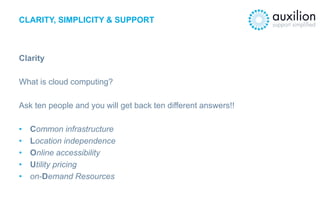 CLARITY, SIMPLICITY & SUPPORT
Clarity
What is cloud computing?
Ask ten people and you will get back ten different answers!...
