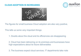 CLOUD ADOPTION IS INCREASING
The figures for small business Cloud adoption are also very positive.
This tells us some very...