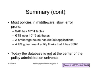 9
Summary (cont)
• Most policies in middleware: slow, error
prone:
– SAP has 10**4 tables
– GTE over 10**5 attributes
– A brokerage house has 80,000 applications
– A US government entity thinks that it has 350K
• Today the database is not at the center of the
policy administration universe
[Rosenthal&Winslett‟2004]
9/30/2015 www.drjayeshpatidar.blogspot.in
 
