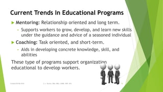Current Trends In Educational Programs
 Mentoring: Relationship oriented and long term.
• Supports workers to grow, develop, and learn new skills
under the guidance and advice of a seasoned individual
 Coaching: Task oriented, and short-term.
• Aids in developing concrete knowledge, skill, and
abilities
These type of programs support organization
educational to develop workers.
Created 05/06/2016 S. L. Burton, DBA, MBA, LSSBB, SWP, HCS 10
 