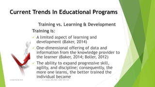 Current Trends In Educational Programs
Training vs. Learning & Development
Training is:
 A limited aspect of learning and
development (Baker, 2014)
 One-dimensional offering of data and
information from the knowledge provider to
the learner (Baker, 2014; Boller, 2012)
 The ability to expand progressive skill,
agility, and discipline; consequently, the
more one learns, the better trained the
individual became
Created 05/06/2016 S. L. Burton, DBA, MBA, LSSBB, SWP, HCS
5
 