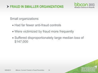 9/29/2013 #bbcon Current Trends in Fraud Prevention 19
Small organizations
 Had far fewer anti-fraud controls
 Were victimized by fraud more frequently
 Suffered disproportionately large median loss of
$147,000
FRAUD IN SMALLER ORGANIZATIONS
 