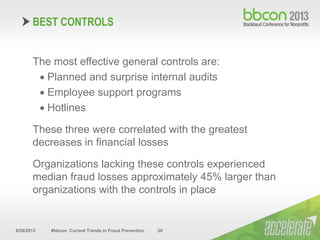 9/29/2013 #bbcon Current Trends in Fraud Prevention 20
The most effective general controls are:
 Planned and surprise internal audits
 Employee support programs
 Hotlines
These three were correlated with the greatest
decreases in financial losses
Organizations lacking these controls experienced
median fraud losses approximately 45% larger than
organizations with the controls in place
BEST CONTROLS
 