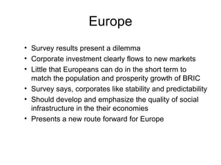 Europe Survey results present a dilemma  Corporate investment clearly flows to new markets Little that Europeans can do in the short term to match the population and prosperity growth of BRIC Survey says, corporates like stability and predictability Should develop and emphasize the quality of social infrastructure in the their economies  Presents a new route forward for Europe 