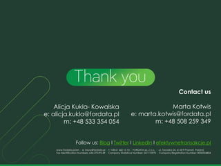 www.fordata.pl/en | e: biuro@fordata.pl | t: +48 61 660 15 10 | FORDATA sp. z o.o. | ul. Taczaka 24, 61-819 Poznań, Poland
Tax Identification Numbers: 634-270-95-49 | Company Statistical Number: 241110970 | Company Registration Number: 0000324804
Contact us
Marta Kotwis
e: marta.kotwis@fordata.pl
m: +48 508 259 349
Follow us: Blog I Twitter I LinkedIn I efektywnetransakcje.pl
Alicja Kukla- Kowalska
e: alicja.kukla@fordata.pl
m: +48 533 354 054
 