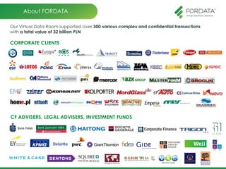 Our Virtual Data Room supported over 300 various complex and confidential transactions
with a total value of 32 billion PLN
CORPORATE CLIENTS
CF ADVISERS, LEGAL ADVISERS, INVESTMENT FUNDS
About FORDATA
Deloitte
 