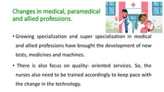 Changes in medical, paramedical
and allied professions.
• Growing specialization and super specialization in medical
and allied professions have brought the development of new
tests, medicines and machines.
• There is also focus on quality- oriented services. So, the
nurses also need to be trained accordingly to keep pace with
the change in the technology.
 