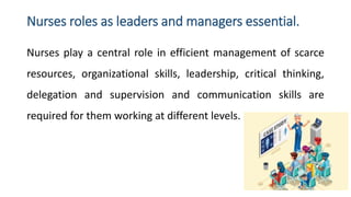 Nurses roles as leaders and managers essential.
Nurses play a central role in efficient management of scarce
resources, organizational skills, leadership, critical thinking,
delegation and supervision and communication skills are
required for them working at different levels.
 