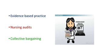 •Evidence based practice
• Nursing audits
• Collective bargaining
 