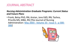 JOURNAL ABSTRACT
Nursing Administration Graduate Programs: Current Status
and Future Plans
• Frank, Betsy PhD, RN; Aroian, Jane EdD, RN; Tashea,
Priscilla MS, MBA, RN [The Journal of Nursing
Administration: May 2003 - Volume 33 - Issue 5 - p 300-
306]
 