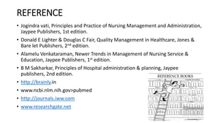 REFERENCE
• Jogindra vati, Principles and Practice of Nursing Management and Administration,
Jaypee Publishers, 1st edition.
• Donald E Lighter & Douglas C Fair, Quality Management in Healthcare, Jones &
Bare let Publishers, 2nd edition.
• Alamelu Venkataraman, Newer Trends in Management of Nursing Service &
Education, Jaypee Publishers, 1st edition.
• B M Sakharkar, Principles of Hospital administration & planning, Jaypee
publishers, 2nd edition.
• http://brainly.in
• www.ncbi.nlm.nih.gov>pubmed
• http://journals.iww.com
• www.researchgate.net
 