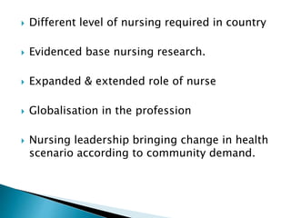  Different level of nursing required in country 
 Evidenced base nursing research. 
 Expanded & extended role of nurse 
 Globalisation in the profession 
 Nursing leadership bringing change in health 
scenario according to community demand. 
 