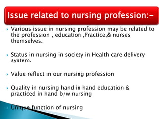 Issue related to nursing profession:- 
 Various issue in nursing profession may be related to 
the profession , education ,Practice,& nurses 
themselves. 
 Status in nursing in society in Health care delivery 
system. 
 Value reflect in our nursing profession 
 Quality in nursing hand in hand education & 
practiced in hand b/w nursing 
 Unique function of nursing 
 