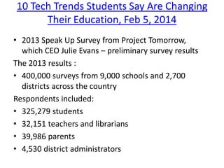10 Tech Trends Students Say Are Changing
Their Education, Feb 5, 2014
• 2013 Speak Up Survey from Project Tomorrow,
which CEO Julie Evans – preliminary survey results
The 2013 results :
• 400,000 surveys from 9,000 schools and 2,700
districts across the country
Respondents included:
• 325,279 students
• 32,151 teachers and librarians
• 39,986 parents
• 4,530 district administrators

 