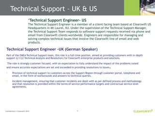 9Confidential © Clearswift 2014
Technical Support Engineer –UK (German Speaker)
Part of the EMEA Technical Support team, this role is a full-time position, aimed at providing customers with in-depth
support (L1/L2 Technical Analysis and Resolution) for Clearswift enterprise products and solutions.
The role is strongly customer focused, with an expectation to fully understand the impact of the problems raised
and ensure accurate expectations are set and exceeded in providing resolutions to issues.
• Provision of technical support to customers across the Support Region through customer portal, telephone and
email, in the form of workarounds and answers to technical queries.
• Incident management, ensuring that customer incidents are dealt with as per defined process and methodology
and that resolution is provided within the terms of service performance targets and contractual service level
agreements.
‘Technical Support Engineer- US
The Technical Support Engineer is a member of a client facing team based at Clearswift US
Headquarters in Mt Laurel, NJ. Under the supervision of the Technical Support Manager,
the Technical Support Team responds to software support requests received via phone and
email from Clearswift clients worldwide. Engineers are responsible for managing and
solving complex technical issues that involve the Clearswift line of email and web
products.
Technical Support – UK & US
 
