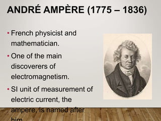 ANDRÉ AMPÈRE (1775 – 1836)
• French physicist and
mathematician.
• One of the main
discoverers of
electromagnetism.
• SI unit of measurement of
electric current, the
ampere, is named after
 