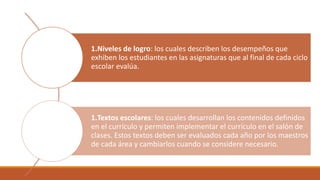 1.Niveles de logro: los cuales describen los desempeños que
exhiben los estudiantes en las asignaturas que al final de cada ciclo
escolar evalúa.
1.Textos escolares: los cuales desarrollan los contenidos definidos
en el currículo y permiten implementar el currículo en el salón de
clases. Estos textos deben ser evaluados cada año por los maestros
de cada área y cambiarlos cuando se considere necesario.
 