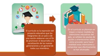 El currículo es la expresión del
proyecto educativo que los
integrantes de un país o de
una nación elaboran con el fin
de promover el desarrollo y la
socialización de las nuevas
generaciones y en general de
todos sus miembros.
En el currículo se plasman en
mayor o menor medida las
intenciones educativas del
país, se señalan las pautas de
acción u orientaciones sobre
cómo proceder para hacer
realidad estas intenciones y
comprobar que efectivamente
se han alcanzado.
 