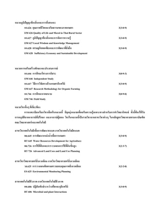 หมวดภูมปัญญาท้ องถิ่นและการพึงตนเอง
       ิ                       ่
         กก.626 คุณภาพชีวตและจริยธรรมของภาคเกษตร
                          ิ                                                                         3(3-0-9)
         OM 626 Quality of Life and Moral in Thai Rural Sector
         กก.627 ภูมิปัญญาท้ องถิ่นและการจัดการความรู้                                               3(3-0-9)
         OM 627 Local Wisdom and Knowledge Management
         กก.628 เศรษฐกิจพอเพียงและการพัฒนาทียงยืน
                                               ่ ั่                                                 3(3-0-9)
         OM 628 Sufficiency Economy and Sustainable Development



หมวดการเสริมสร้ างทักษะและประสบการณ์
       กก.646 การศึกษาโครงการอิสระ                                                                  3(0-9-3)
       OM 646 Independent Study
       กก.647 วิธีการวิจัยทางด้ านเกษตรอินทรีย์                                                     3(3-0-9)
       OM 647 Research Methodology for Organic Farming
       กก.746 การศึกษาภาคสนาม                                                                       3(0-9-0)
       OM 746 Field Study

หมวดวิชาอืนๆ ทีเ่ กียวข้ อง
           ่        ่
         การลงทะเบียนเรียนวิชาเลือกในหมวดนี้ มีจุดมุ่งหมายเพือเสริมความรู้ เฉพาะทางสํ าหรับการทําวิทยานิพนธ์ ทั้งนีต้องได้ รับ
                                                              ่                                                    ้
การอนุมัตจากอาจารย์ที่ปรึกษา และอาจารย์ ผู้สอน วิชาในหมวดนีเ้ ป็ นรายวิชาจากสาขาวิชาต่ างๆ ในหลักสู ตรวิทยาศาสตรมหาบัณฑิต
         ิ
คณะวิทยาศาสตร์ และเทคโนโลยี

สาขาวิชาเทคโนโลยีเพือการพัฒนาชนบท ภาควิชาเทคโนโลยีชนบท
                    ่
         ทย.645 การพัฒนาแหล่ งนําเพือการเกษตร
                                ้ ่                                                                 3(3-0-9)
         RT 645 Water Resources Development for Agriculture
         ทย.726 การใช้ ทดนและการวางแผนการใช้ ทดินขั้นสู ง
                        ี่ ิ                  ี่                                                    3(2-3-7)
         RT 726 Advanced Land Uses and Land Use Planning

สาขาวิชาวิทยาศาสตร์ สิ่งแวดล้อม ภาควิชาวิทยาศาสตร์ สิ่งแวดล้ อม
        วล.625 การวางแผนติดตามตรวจสอบคุณภาพสิ่ งแวดล้อม                                             3(2-2-8)
        ES 625 Environmental Monitoring Planning

สาขาเทคโนโลยีชีวภาพ ภาควิชาเทคโนโลยีชีวภาพ
        ทช.606 ปฏิสัมพันธ์ ระหว่ างพืชและจุลนทรีย์
                                            ิ                                                       3(3-0-9)
        BT 606 Microbial and plant Interactions
 
