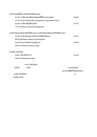 สาขาวิชาเกษตรยังยืน ภาควิชาเทคโนโลยีการเกษตร
               ่
         ทก.745 การจัดการของเสี ยและวัสดุพลอยได้ ในระบบการเกษตร                            3(3-0-9)
         AT 745 Waste and By-Product Management in Agricultural System
         ทก.765 การจัดการศัตรู พชและสั ตว์
                                ื                                                          3(2-3-7)
         AT 765 Plant and Animal Pest Management

สาขาวิชาวิทยาศาสตร์ และเทคโนโลยีการอาหาร ภาควิชาวิทยาศาสตร์ และเทคโนโลยีการอาหาร
        กอ.748 การประเมินอายุการเก็บรักษาของผลิตภัณฑ์ อาหาร                                3(2-3-7)
        FD 748 Shelf-life Evaluation of Food Products
        กอ.759 โภชนศาสตร์ ในการแปรรูปอาหาร                                                 3(3-0-9)
        FD 759 Nutrition in Food Processing

สาขาเคมี ภาควิชาเคมี
        คม.627 เครื่องมือวิเคราะห์                                                         3(3-0-9)
        CM 627 Instrumental Analysis

                     17.4.2.3 วิทยานิพนธ์
       รหัสวิชา        รายวิชา                                                    จํานวนหน่ วยกิต
                                                                          (บรรยาย-ปฏิบัติ-ศึกษาด้ วยตนเอง)
     กก.800 วิทยานิพนธ์                                                                      12
     OM 800 Thesis
 
