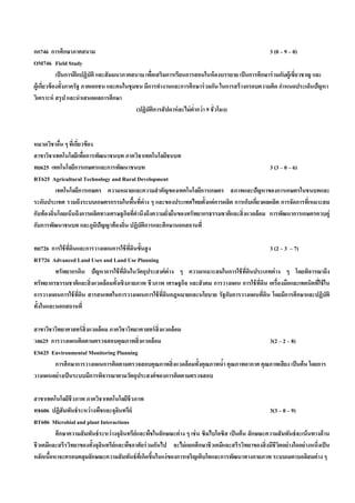 กก746 การศึกษาภาคสนาม                                                                               3 (0 – 9 – 0)
OM746 Field Study
            เป็ นการฝึ กปฏิบัติ และสั มมนาภาคสนาม เพือเสริมการเรียนการสอนในห้ องบรรยาย เป็ นการศึกษาร่ วมกับผู้เชี่ยวชาญ และ
                                                      ่
ผู้เกียวข้ องทั้งภาครัฐ ภาคเอกชน และคนในชุมชน มีการทํางานและการศึกษาร่ วมกัน ในการสร้ างกรอบความคิด กําหนดประเด็นปัญหา
      ่
วิเคราะห์ สรุ ป และนําเสนอผลการศึกษา
                                               (ปฏิบัติการสั ปดาห์ ละไม่ ตากว่ า 9 ชั่วโมง)
                                                                          ํ่



หมวดวิชาอืน ๆ ทีเ่ กียวข้ อง
             ่       ่
สาขาวิชาเทคโนโลยีเพือการพัฒนาชนบท ภาควิชาเทคโนโลยีชนบท
                       ่
ทย625 เทคโนโลยีการเกษตรและการพัฒนาชนบท                                                          3 (3 – 0 – 6)
RT625 Agricultural Technology and Rural Development
           เทคโนโลยีการเกษตร ความหมายและความสํ าคัญของเทคโนโลยีการเกษตร สภาพและปัญหาของการเกษตรในชนบทและ
ระดับประเทศ รวมถึงระบบเกษตรกรรมในพืนที่ต่าง ๆ และของประเทศไทยตั้งแต่ การผลิต การเก็บเกียวผลผลิต การจัดการทีเ่ หมาะสม
                                          ้                                                ่
กับท้ องถิ่นโดยเน้ นถึงการผลิตทางเศรษฐกิจทีคานึงถึงความยังยืนของทรัพยากรธรรมชาติและสิ่ งแวดล้อม การพัฒนาการเกษตรควบคู่
                                            ่ ํ          ่
กับการพัฒนาชนบท และภูมปัญญาท้ องถิ่น ปฏิบัตการและศึกษานอกสถานที่
                             ิ                  ิ

ทย726 การใช้ ที่ดนและการวางแผนการใช้ ทดินขั้นสู ง
                 ิ                      ่ี                                                       3 (2 – 3 – 7)
RT726 Advanced Land Uses and Land Use Planning
         ทรัพยากรดิน ปัญหาการใช้ ทดินในวัตถุประสงค์ ต่าง ๆ ความเหมาะสมในการใช้ ทดนประเภทต่ าง ๆ โดยพิจารณาถึง
                                     ี่                                            ี่ ิ
ทรัพยากรธรรมชาติและสิ่ งแวดล้อมทั้งเชิงภายภาพ ชีวภาพ เศรษฐกิจ และสั งคม การวางแผน การใช้ ทดิน เครื่องมือและเทคนิคทีใช้ ใน
                                                                                          ี่                       ่
การวางแผนการใช้ ทดน สารสนเทศในการวางแผนการใช้ ทดนกฎหมายและนโยบาย รัฐกับการวางแผนทีดน โดยมีการศึกษาและปฏิบัติ
                   ี่ ิ                             ี่ ิ                                     ่ ิ
ทั้งในและนอกสถานที่

สาขาวิชาวิทยาศาสตร์ สิ่งแวดล้อม ภาควิชาวิทยาศาสตร์ สิ่งแวดล้ อม
วล625 การวางแผนติดตามตรวจสอบคุณภาพสิ่ งแวดล้ อม                                          3(2 – 2 – 8)
ES625 Environmental Monitoring Planning
        การศึกษาการวางแผนการติดตามตรวจสอบคุณภาพสิ่ งแวดล้ อมทั้งคุณภาพนํา คุณภาพอากาศ คุณภาพเสี ยง เป็ นต้ น โดยการ
                                                                        ้
วางแผนอย่างเป็ นระบบมีการพิจารณาตามวัตถุประสงค์ ของการติดตามตรวจสอบ

สาขาเทคโนโลยีชีวภาพ ภาควิชาเทคโนโลยีชีวภาพ
ทช606 ปฏิสัมพันธ์ ระหว่ างพืชและจุลนทรีย์
                                     ิ                                                               3(3 – 0 – 9)
BT606 Microbial and plant Interactions
         ศึกษาความสั มพันธ์ ระหว่ างจุลนทรีย์และพืชในลักษณะต่ าง ๆ เช่ น ซิมไบโอซิส เป็ นต้ น ลักษณะความสั มพันธ์ จะเน้ นทางด้ าน
                                       ิ
ชีวเคมีและสรีรวิทยาของทั้งจุลนทรีย์และพืชอาศัยร่ วมกันไป จะไม่ แยกศึกษาชีวเคมีและสรีรวิทยาของสิ่ งมีชีวิตอย่ างใดอย่างหนึ่งเป็ น
                             ิ
หลักเนือหาจะครอบคลุมลักษณะความสั มพันธ์ ทเี่ กิดขึนในแง่ ของการเจริญเติบโตและการพัฒนาทางกายภาพ ระบบเมตาบอลิสมต่ าง ๆ
       ้                                           ้
 