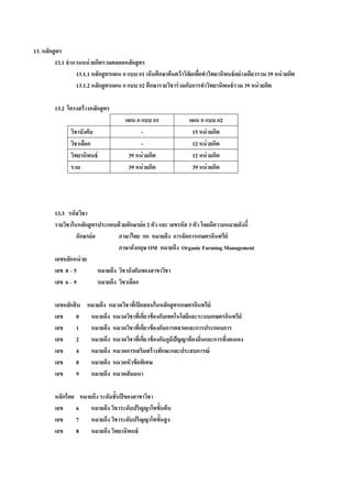13. หลักสู ตร
         13.1 จํานวนหน่ วยกิตรวมตลอดหลักสู ตร
                  13.1.1 หลักสู ตรแผน ก แบบ ก1 เน้ นศึกษาค้ นคว้ าวิจัยเพือทําวิทยานิพนธ์ อย่างเดียวรวม 39 หน่ วยกิต
                                                                          ่
                  13.1.2 หลักสู ตรแผน ก แบบ ก2 ศึกษารายวิชาร่ วมกับการทําวิทยานิพนธ์ รวม 39 หน่ วยกิต

         13.2 โครงสร้ างหลักสู ตร
                                        แผน ก แบบ ก1                 แผน ก แบบ ก2
                วิชาบังคับ                    -                       15 หน่ วยกิต
                วิชาเลือก                     -                       12 หน่ วยกิต
                วิทยานิพนธ์              39 หน่ วยกิต                 12 หน่ วยกิต
                รวม                      39 หน่ วยกิต                 39 หน่ วยกิต




         13.3 รหัสวิชา
         รายวิชาในหลักสู ตรประกอบด้ วยอักษรย่อ 2 ตัว และ เลขรหัส 3 ตัว โดยมีความหมายดังนี้
                  อักษรย่อ         ภาษาไทย กก หมายถึง การจัดการเกษตรอินทรีย์
                                   ภาษาอังกฤษ OM หมายถึง Organic Farming Management
         เลขหลักหน่ วย
         เลข 0 – 5         หมายถึง วิชาบังคับของสาขาวิชา
         เลข 6 – 9         หมายถึง วิชาเลือก

         เลขหลักสิ บ หมายถึง หมวดวิชาทีเ่ ปิ ดสอนในหลักสู ตรเกษตรอินทรีย์
         เลข     0 หมายถึง หมวดวิชาทีเ่ กียวข้ องกับเทคโนโลยีและระบบเกษตรอินทรีย์
                                                  ่
         เลข     1 หมายถึง หมวดวิชาทีเ่ กียวข้ องกับการตลาดและการประกอบการ
                                                ่
         เลข     2 หมายถึง หมวดวิชาทีเ่ กียวข้ องกับภูมปัญญาท้ องถิ่นและการพึงตนเอง
                                              ่          ิ                   ่
         เลข     4 หมายถึง หมวดการเสริมสร้ างทักษะและประสบการณ์
         เลข     8 หมายถึง หมวดหัวข้ อพิเศษ
         เลข     9 หมายถึง หมวดสั มมนา

         หลักร้ อย หมายถึง ระดับชั้นปี ของสาขาวิชา
         เลข      6 หมายถึง วิชาระดับปริญญาโทขั้นต้ น
         เลข      7 หมายถึง วิชาระดับปริญญาโทขั้นสู ง
         เลข      8 หมายถึง วิทยานิพนธ์
 