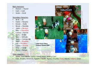 Main characters
• Howser -> Hauser
• Liam -> Liam
• Verde -> Verdi

Secondary characters
• Mr M. -> M.
• Elaine -> Rosario
• Kenzie -> Darío
• Nicole -> Romilda
• Jaden -> Merluzo
• Mike -> Florentino
• Lunasa -> Aurelia
• Keine -> Belén
• Deon -> Wilfredo
• Sadie -> Concepción
• Adolf -> Rosendo
• Lily -> Pecadora              Little King’s Story
• Caden -> Aznarín              ©XSeed Games 2009
• Shea -> Fabián
• Alena -> Soraya

Other characters
• Xavier, Josh, Merlan, Lyrica, Conner Kaleb, Aidan y Cace.
• Elias, Ariadna, Hortensio, Agapito, Claudio, Aurora, Fecunda, Fistra, Araceli, Tintorro, Grace.
 