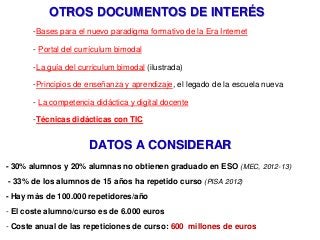 OTROS DOCUMENTOS DE INTERÉS
-Bases para el nuevo paradigma formativo de la Era Internet
- Portal del currículum bimodal
-L...