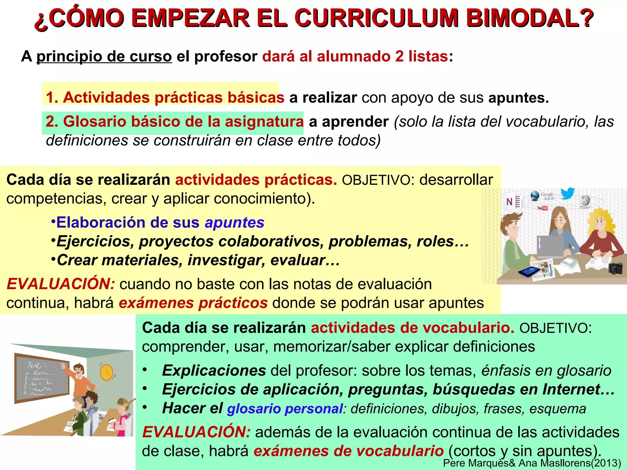 Pere Marquès& Ana Masllorens(2013)
En primaria y ESO conviene explicar a las familias que sus hijos van a trabajar
con esta bimodalidad : aprender vocabulario de memoria / realizar actividades
prácticas con sus apuntes
2
¿Cómo empezar a aplicar el
curriculum bimodal?
Elaborando dos listas: el vocabulario indispensable a conocer/memorizar
por los alumnos y las actividades prácticas que podrán hacer con apuntes
 