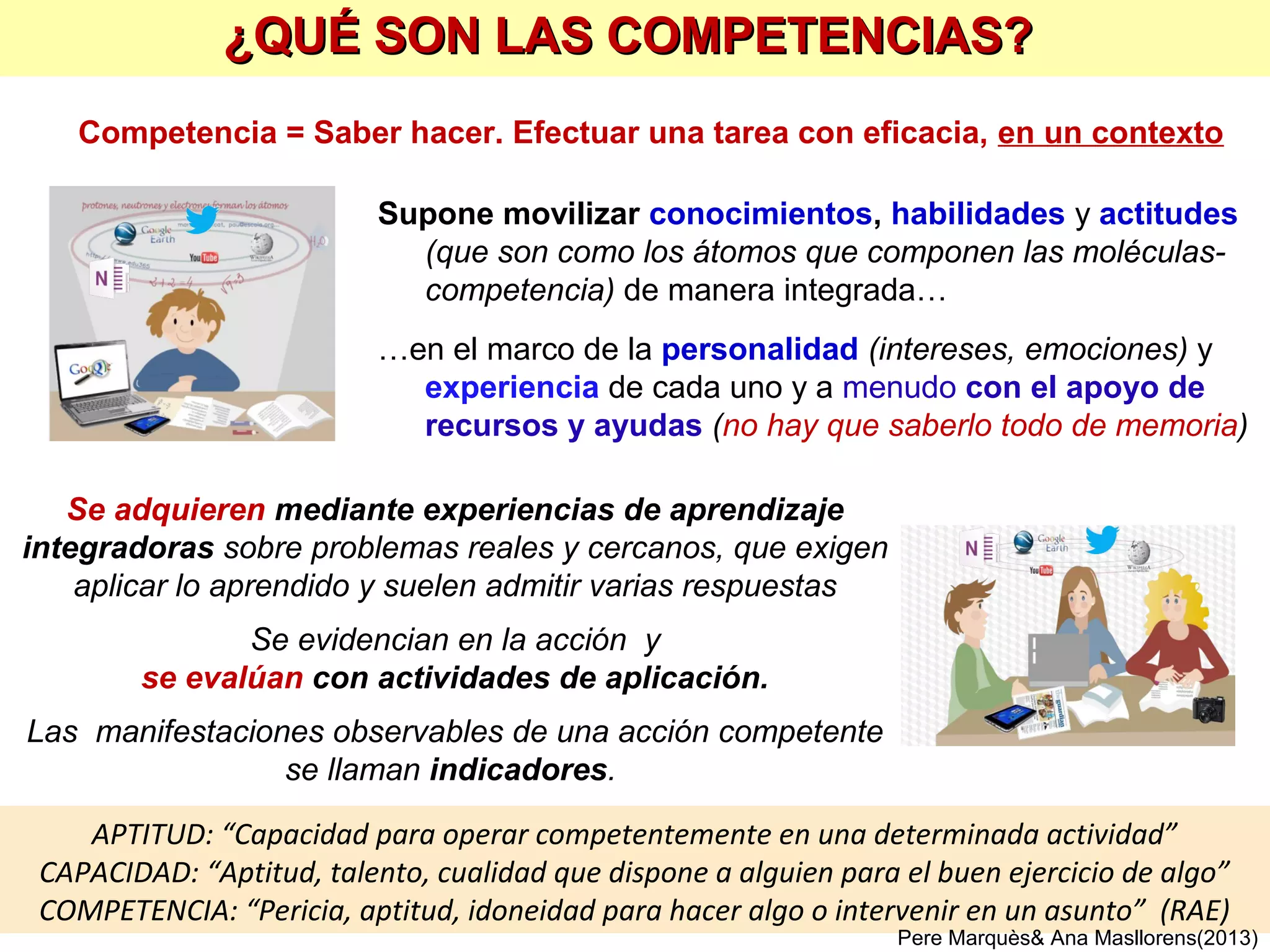Cada día se realizarán actividades de vocabulario. OBJETIVO:
comprender, usar, memorizar/saber explicar definiciones
• Explicaciones del profesor: sobre los temas, énfasis en glosario
• Ejercicios de aplicación, preguntas, búsquedas en Internet…
• Hacer el glosario personal (definiciones, dibujos, frases, esquema) y
un resumen de cada tema.
EVALUACIÓN: evaluación continua de las actividades de clase.
Opcionalmente puede haber exámenes de vocabulario (sin apuntes)
Cada día se harán actividades prácticas con los apuntes
OBJETIVO: desarrollar competencias, crear y aplicar conocimiento.
• Realizar ejercicios/problemas, análisis y valoraciones,
proyectos colaborativos…
• Ir completando los apuntes personales
• Crear materiales, investigar, evaluar…
EVALUACIÓN: cuando no baste con las notas de evaluación
continua, habrá exámenes prácticos donde se podrán usar apuntes
¿CÓMO EMPEZAR EL CURRICULUM BIMODAL?
PereMarquès&AnaMasllorens(2013)
A principio de curso (o de cada tema) el profesor dará al alumnado 2 listas:
1. Actividades prácticas básicas a realizar con apoyo de sus apuntes.
2. Glosario básico de la asignatura (solo la lista del vocabulario, sugerimos que las
definiciones se construyan en clase entre todos). Se diferencian: conceptos que se deben
conocer y usar, de los que además hay que saber definir.
 