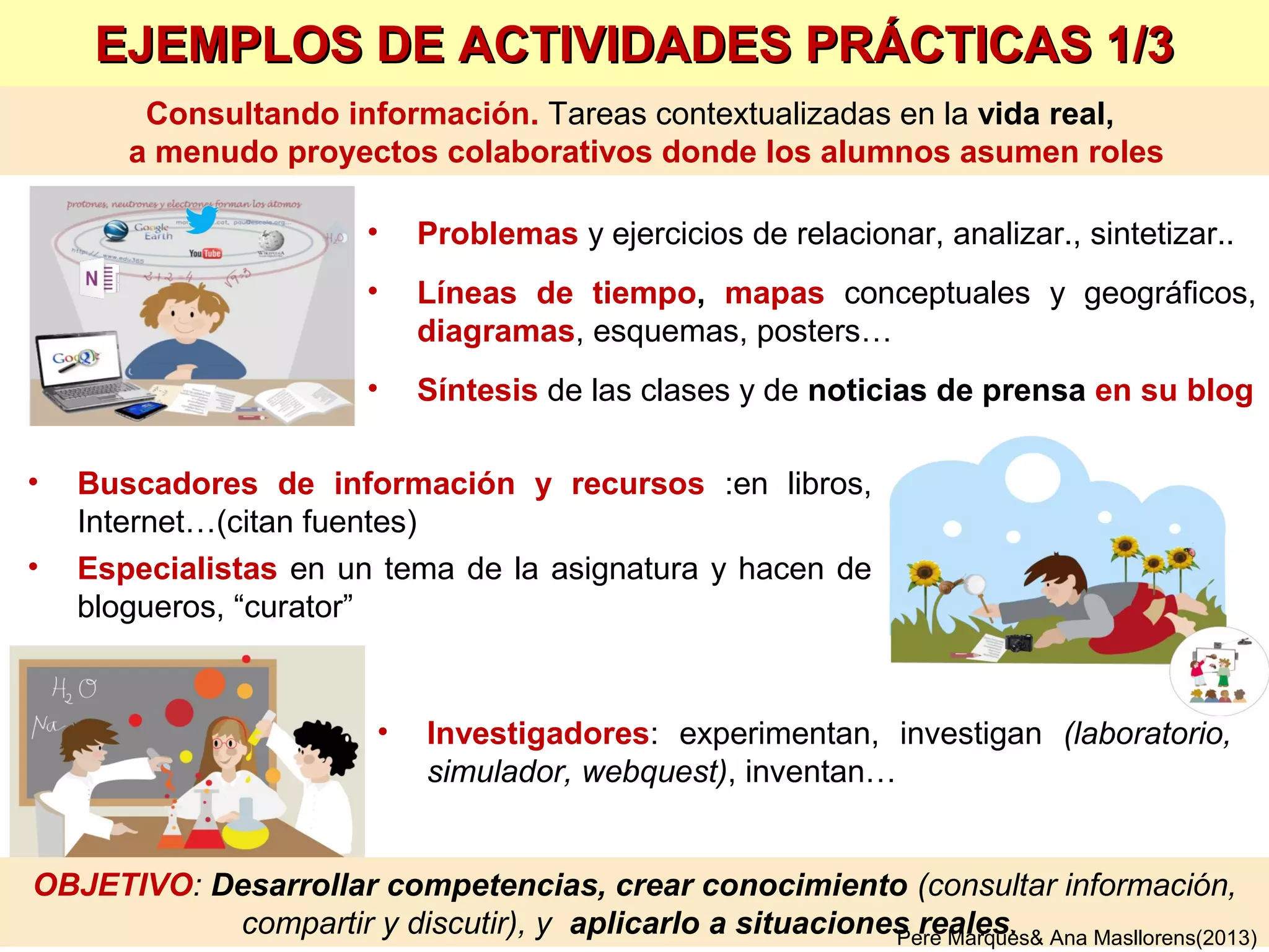 Pere Marquès& Ana Masllorens(2013)
Las actividades prácticas
Objetivo: saber hacer, desarrollar sus competencias
Los alumnos crean y usan sus apuntes
(las actividades se hacen en la libreta de tareas o portafolio personal)
3
Un curriculum enfocado a las competencias pero sin olvidar la necesidad de adquirir una
buena base de conocimientos teóricos (vocabulario, sistemas conceptuales…)
 