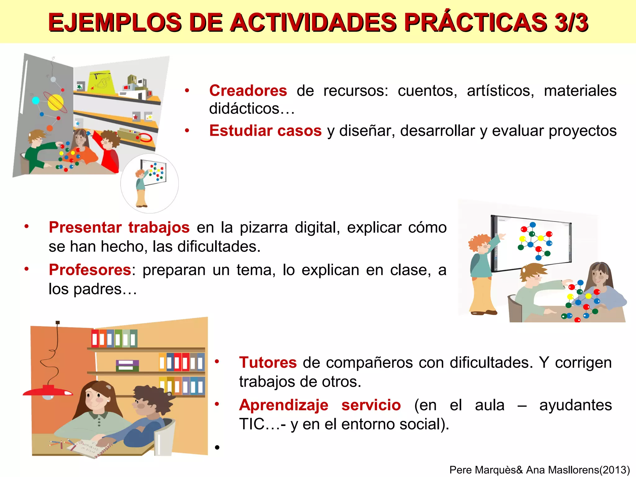 En las actividades de aprendizaje, los alumnos deben:
• RECORDAR, reproducir, reconocer, localizar…
• COMPRENDER, conceptualizar, ejemplificar, relacionar, interpretar…
• ANALIZAR, comparar, clasificar, ordenar…
• SINTETIZAR, describir, resumir, integrar, reunir …
• APLICAR, experimentar, resolver problemas (hipótesis, deducir, inducir), calcular
• VALORAR (con criterios), juicio crítico, seleccionar, debatir, autoevaluarse
• CREAR, ideas innovadoras, imaginar, predecir, transferir…
• PLANIFICAR y organizar proyectos, definir metas…
Implicando otras competencias instrumentales:
• Buscar / seleccionar / organizar información en el entorno, Internet…
• Expresar / comunicar: oral, escrita, multimedia…
• Otras: idiomas, uso de herramientas TIC…
Esquema basado en la taxonomía de actividades cognitivas (Bloom/Anderson)
la única que exige
memorizar; las
demás exigen pensar
ACTIVIDADES PRÁCTICAS: MÁS ALLÁ LA MEMORIZACIÓN
Competencias personales:
• Trabajo autónomo, reflexión, persistencia,
autocontrol…
Y competencias sociales:
• Trabajo colaborativo
Pere Marquès& Ana Masllorens(2013)
 
