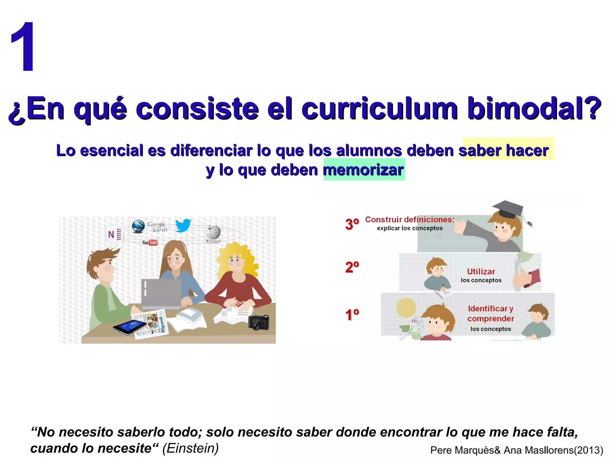 Pere Marquès& Ana Masllorens(2013)
1
¿En qué consiste el curriculum bimodal?
Lo esencial es diferenciar lo que los alumnos deben saber hacer (desarrollo
competencial) y lo que deben memorizar (vocabulario y otros conocimientos
teóricos)
Se puede aplicar en aulas con TIC o sin TIC;
con el apoyo de libros de texto (en papel o digitales) o sin ellos
 