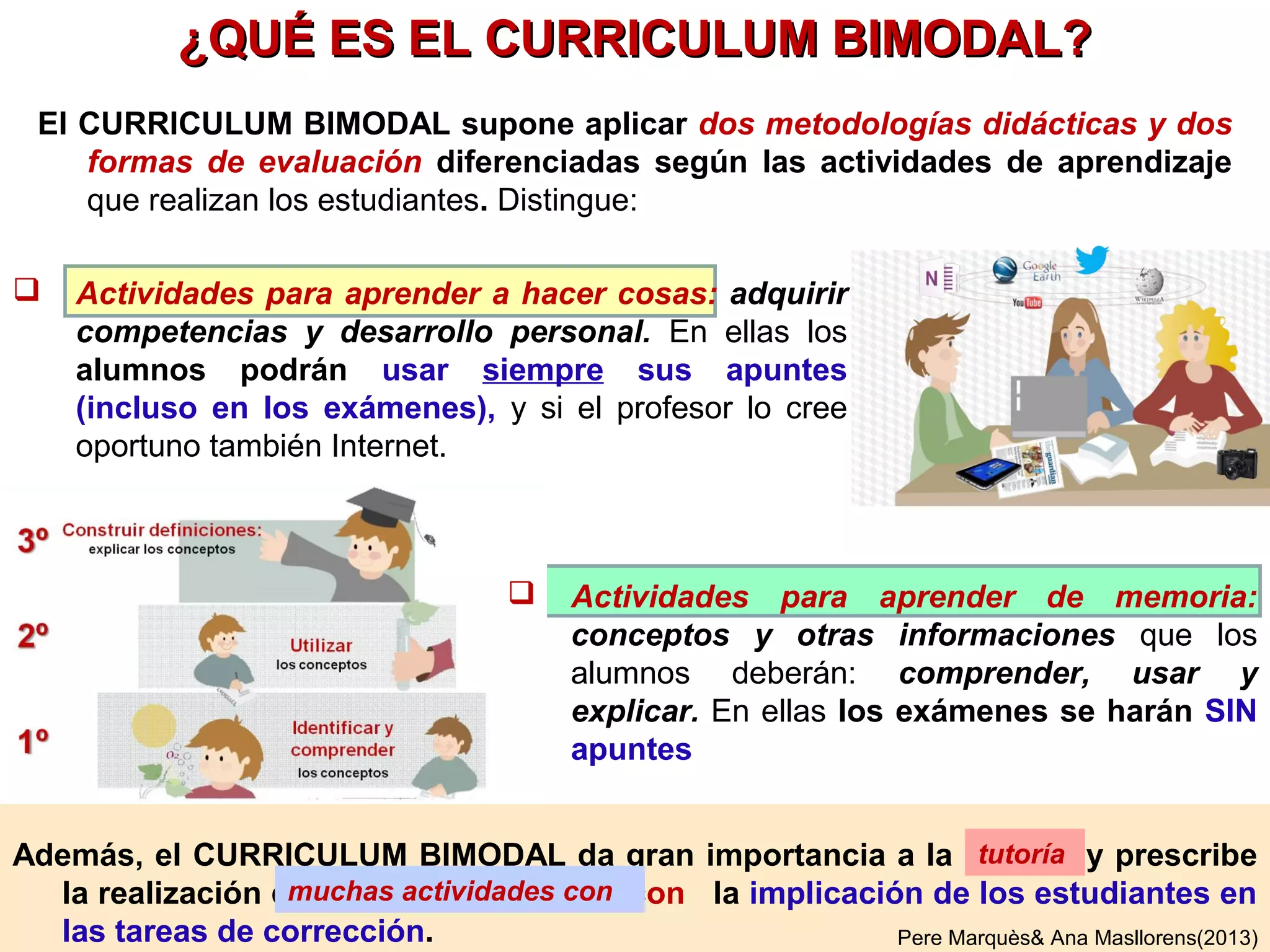  Actividades para aprender a hacer cosas: adquirir
competencias y desarrollo personal. En ellas los
alumnos podrán usar siempre sus apuntes (incluso
en los exámenes), y si el profesor lo cree oportuno
también Internet y otras fuentes de información.
Además, el CURRICULUM BIMODAL da gran importancia a la tutoría y prescribe
realizar muchas actividades significativascon la implicación de los estudiantes en
las tareas de corrección y otras de aprendizaje servicio en la escuela.
¿QUÉ ES EL CURRICULUM BIMODAL?
El CURRICULUM BIMODAL supone aplicar dos metodologías didácticas y dos
formas de evaluación diferenciadas según las actividades de aprendizaje que
realizan los estudiantes. Distingue:
PereMarquès&AnaMasllorens(2013)
tutoría
muchas actividades significativas
tareas de corrección y otras de aprendizaje servicio en la escuela
 Actividades para aprender de memoria:
conceptos y otras informaciones que los alumnos
deberán: comprender, usar y explicar. Los
exámenes de conceptos y algunos ejercicios
(cálculo mental, dictados, conversar y traducciones
sencillas en idiomas…) se harán SIN apuntes
 